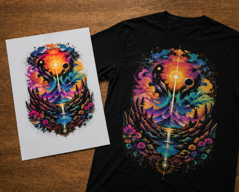 DTF printing where Direct to film printing sheet with shirt with print design on it