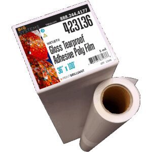 Adhesive-backed gloss polypropylene film with permanent adhesive for high-gloss indoor signage