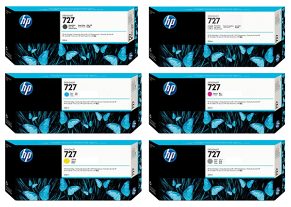 HP 727 300ml DesignJet Ink Cartridges for HP DesignJet T920 T1500 and T2500 series printers delivering crisp CAD lines and vivid color