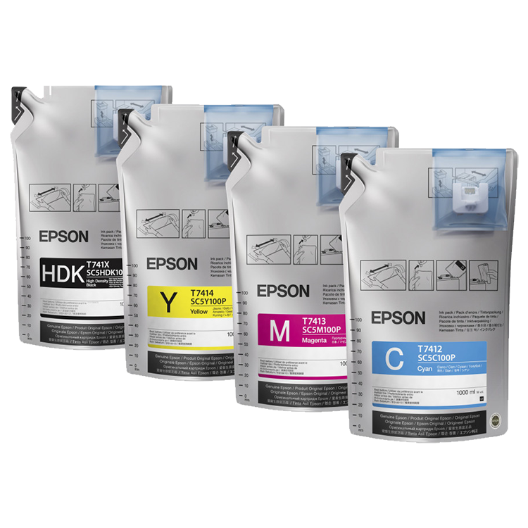 Epson T741 UltraChrome DS 1L ink 6-pack for Epson SureColor F-Series dye-sublimation printers delivering vibrant color and fast drying performance