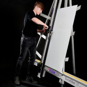Keencut Excalibur 3S medium duty board cutter shown in full vertical setup