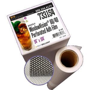 Perforated Adhesive WindowVision Film 60/40 showing white print surface, black backing, and perforated vinyl pattern