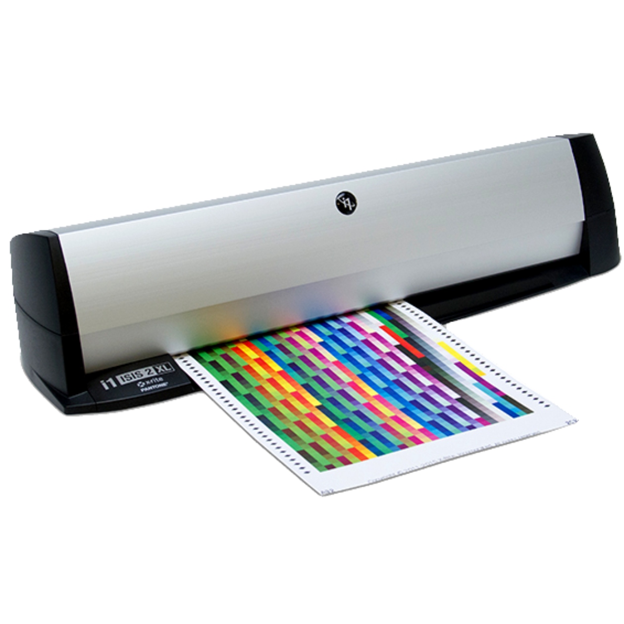 X-Rite i1iSis 2 XL spectrophotometer measuring tabloid test charts for ISO-compliant color management