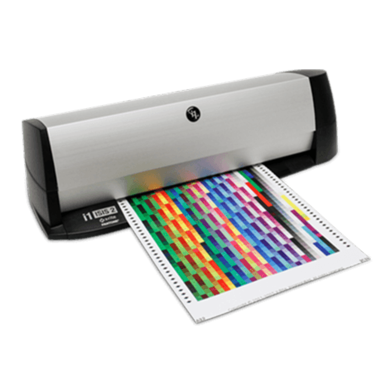 X-Rite i1iSis 2 spectrophotometer measuring A4 test charts for ISO-compliant color management