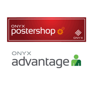 ONYX PosterShop RIP Software with Advantage interface showing dual Adobe PDF Print Engine processing, nesting preview, and color management controls