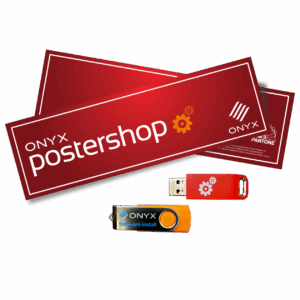 ONYX PosterShop RIP Software interface showing Adobe PDF Print Engine processing, nesting preview, and color management tools