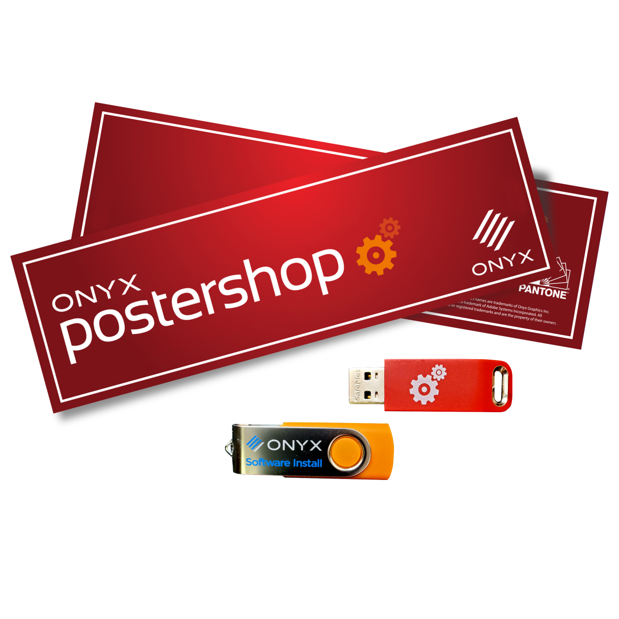 ONYX PosterShop RIP Software interface showing Adobe PDF Print Engine processing, nesting preview, and color management tools