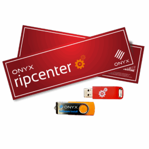 ONYX RIPCenter Software interface showing Adobe PDF Print Engine processing, nesting preview, and CUT-Server integration