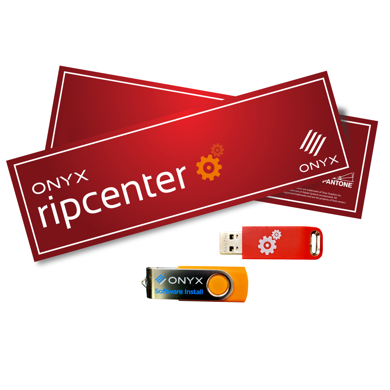 ONYX RIPCenter Software interface showing Adobe PDF Print Engine processing, nesting preview, and CUT-Server integration