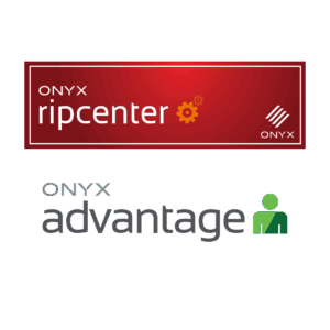 ONYX RIPCenter Software with Advantage Support interface showing nesting preview, Adobe PDF Print Engine processing, and CUT-Server integration