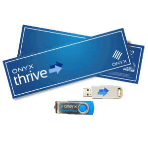 ONYX Thrive RIP Software interface showing Adobe PDF Print Engine processing and automated print-and-cut workflow controls