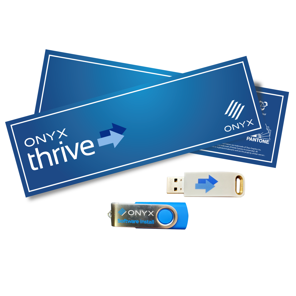 ONYX Thrive RIP Software interface showing Adobe PDF Print Engine processing and automated print-and-cut workflow controls