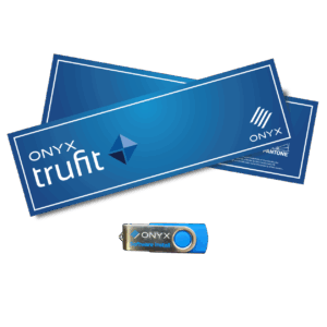 ONYX TruFit Software true-shape nesting interface showing AI media savings and cut-path layout optimization