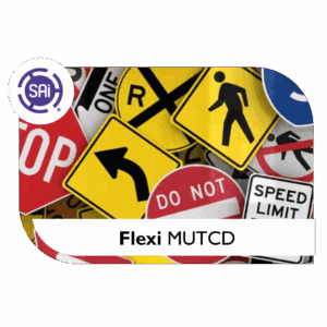 SAi Flexi MUTCD highway sign templates showing vector Bézier curves, FHWA fonts, and accurate MUTCD color specifications