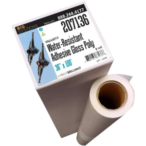 Gloss water-resistant adhesive polypropylene film with vibrant photo-quality graphics applied to smooth signage surface