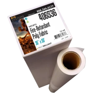 Fire-retardant poly fabric banner with matte finish and NFPA 701 certification for hanging displays and roll-up systems