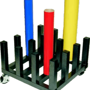 Mobile laminate and media storage rack with 16 spindles for 3 inch core vinyl rolls