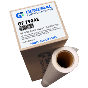 Printable glass etch privacy film applied to office windows for decorative privacy graphics.