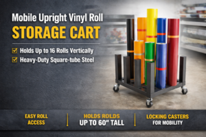 Heavy-duty mobile vinyl and laminate storage rack holding 16 rolls on 3 inch cores hero image