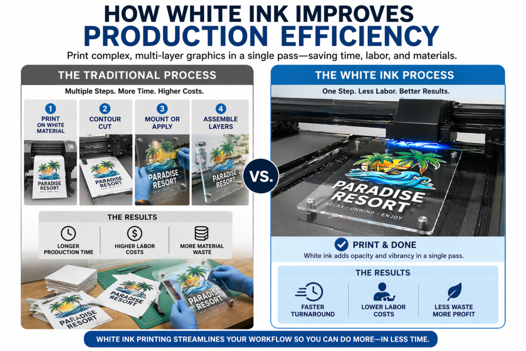 wide format white ink printing efficiency infographic showing print, cut, and assemble versus single-pass production