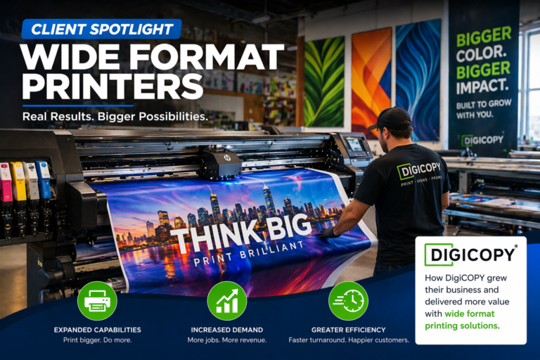 Wide Format Printers Client Spotlight showing DigiCOPY operator running a large format printer producing vibrant signage in a professional print shop