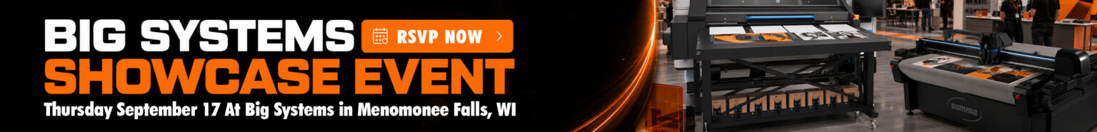 Big Systems Showcase Event website banner promoting live demos, specialty media, print-to-finish workflows, and event registration.