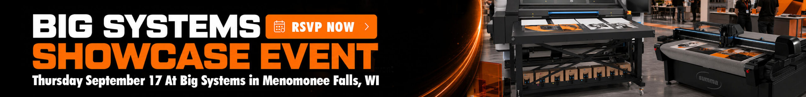 Big Systems Showcase Event website banner promoting live demos, specialty media, print-to-finish workflows, and event registration.