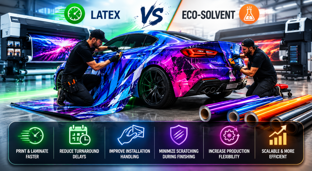 Vehicle wrap installation using latex and eco-solvent printers with colorful wrap vinyl and wide format printing equipment