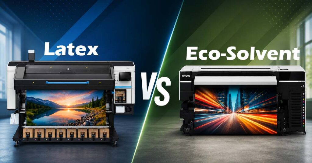 Latex vs Eco-Solvent Printing comparison featuring wide format printing equipment producing colorful graphics for wraps, signage, and vehicle graphics production.