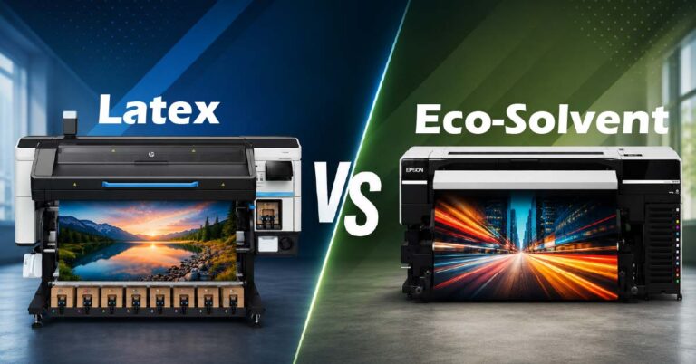 Latex vs Eco-Solvent Printing comparison featuring wide format printing equipment producing colorful graphics for wraps, signage, and vehicle graphics production.