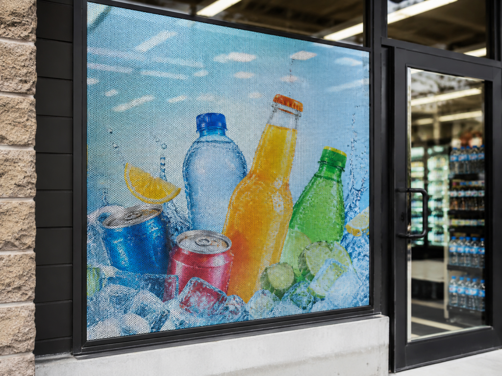 Perforated window vinyl beverage graphic installed on a retail storefront window