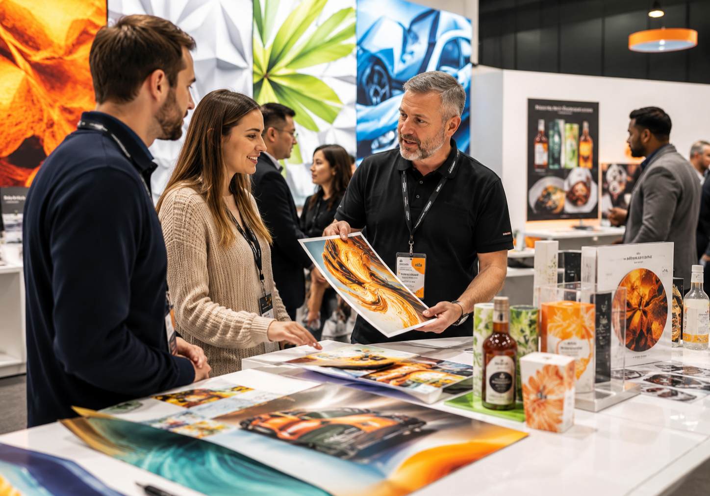 Big Systems specialist showing colorful printed samples and applications to event attendees.