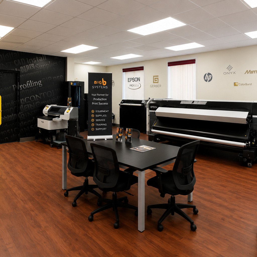 wide format equipment showroom with printers, cutters, laminators, and workflow solutions at Big Systems demo center