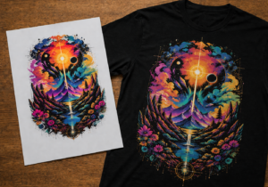 DTF printing where Direct to film printing sheet with shirt with print design on it