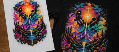 DTF printing where Direct to film printing sheet with shirt with print design on it