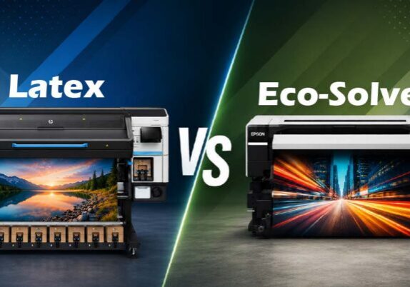Latex vs Eco-Solvent Printing comparison featuring wide format printing equipment producing colorful graphics for wraps, signage, and vehicle graphics production.