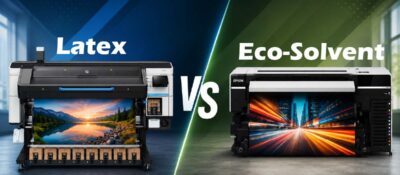 Latex vs Eco-Solvent Printing comparison featuring wide format printing equipment producing colorful graphics for wraps, signage, and vehicle graphics production.