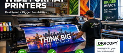 Wide Format Printers Client Spotlight showing DigiCOPY operator running a large format printer producing vibrant signage in a professional print shop