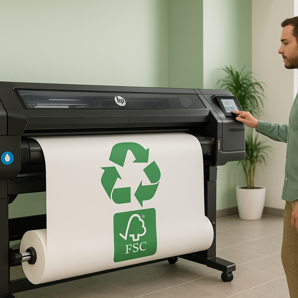wide-format printer operating in a clean, indoor space using eco-conscious media